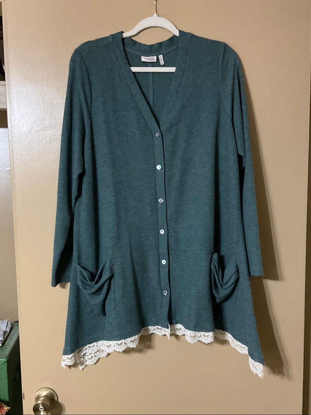 LOGO by Lori Goldstein Teal Lace-Hem Button Cardigan